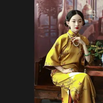 Весеннее повседневное Традиционное платье Чонсам для женщин Китайской Династии Цин, Элегантный перевернутый рукав, желтый принт, Праздничный Ципао