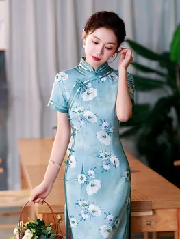 Yourqipao 2023 Летнее Длинное Тонкое Шелковое Небесно-Голубое Вечернее Платье Ципао в Китайском Стиле для женщин Cheongsam для Подиума и Банкета Высокого Качества