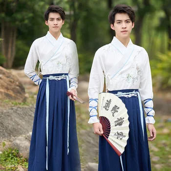 Новая антикварная мужская одежда Hanfu в китайском стиле с длинными рукавами, бело-синяя рыцарская одежда, антикварный комплект из двух предметов