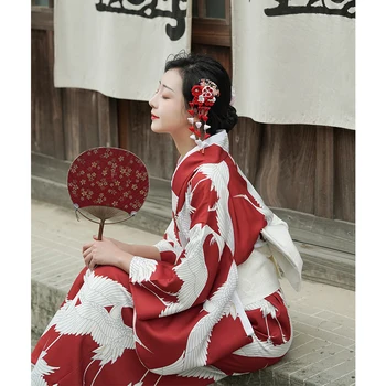 Женское Японское Традиционное Кимоно в стиле ретро с принтом Журавля, Длинное Платье, костюм для Косплея, платье для выступлений, Халат