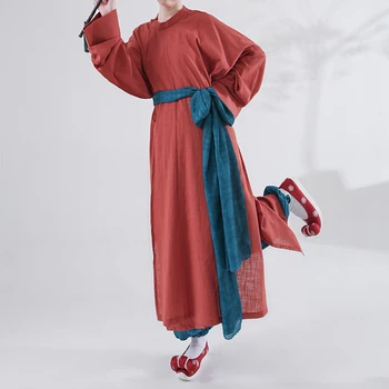 Хлопчатобумажный Льняной Китайский Халат Hanfu С круглым вырезом, Халат Миди-Лосс, Платье в стиле Династии Тан, Летнее Платье Большого Размера