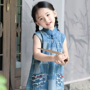 Детская одежда для мамы с пандой, Летний стиль 2023, Джинсовый жилет в стиле пэчворк для девочек, Детское повседневное платье в клетку, Cheo